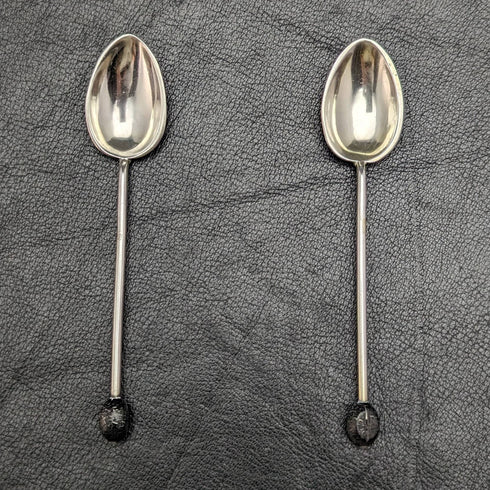 1933 British vintage pair of sterling silver demitasse spoons with enamel decoration